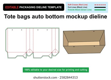 Custom Tote Bags Auto Bottom Mockup Dieline Template, tote bag dieline, tote bag packaging design, Custom box dieline, die cut template