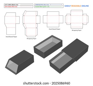 Custom trapezium style Rigid cover box or sleeve box dieline, die cut packaging template design with 3D box