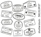 Custom and travel passport stamp set. International Airport visa stamps. Vector illustration.