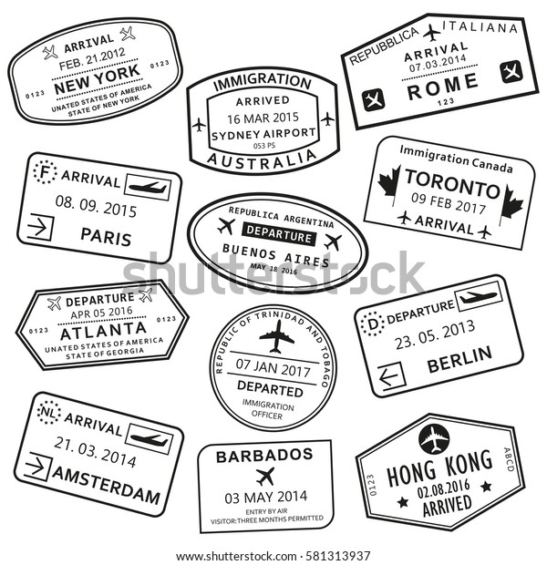 カスタムおよび旅行用のパスポートスタンプセット 国際空港ビザの切手 ベクターイラスト のベクター画像素材 ロイヤリティフリー