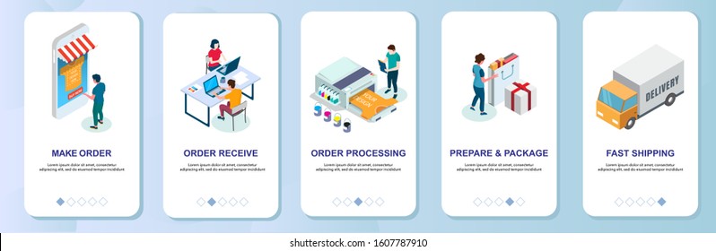 Custom t-shirt printing online services mobile app onboarding screens. Menu banner vector template for website and application development. Order making receiving and processing, boxing and delivery.