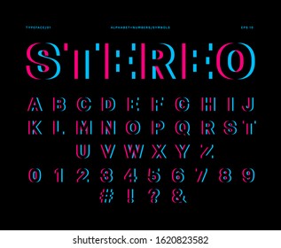 Custom Typeface Stereo Effect Typography Vector Set. Latin Alphabet Font.