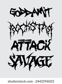 Custom types savage, attact, rocktar, acid brutalism hardcore clip art poster t shirt design sticker collection editable