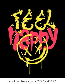  custom typographic slogan design accompanied by a happy face emoji icon illustration in a street-style that conveys a feeling of joy