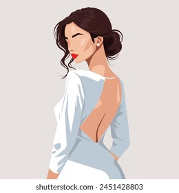 Custom vector fashion illustration of a beautiful young bride with abstract face in an elegant backless wedding dress. Back view.
