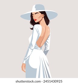 Ilustración de moda de Vector personalizado de una hermosa novia joven con cara abstracta que lleva un elegante vestido de novia sin espalda y un sombrero elegante. Vista posterior.
