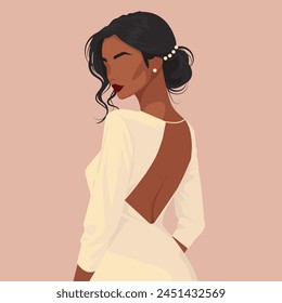 Custom vector fashion illustration of a beautiful young African bride with abstract face in an elegant backless wedding dress. Back view. Stylish art in neutral shades.
