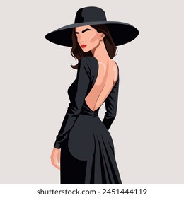 Custom vector fashion illustration of a beautiful young woman with an abstract face wearing an elegant black backless dress and a fashionable hat. Back view.
