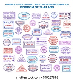 Custom vector typical artistic passport arrival and departure stamps variations set for Thailand