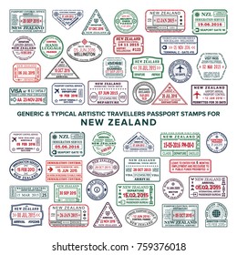 Custom vector typical artistic passport arrival and departure stamps variations set for New Zealand