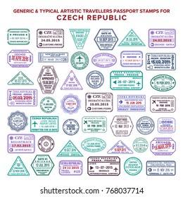 Custom vector typical artistic passport arrival and departure stamps variations set for Czech Republic