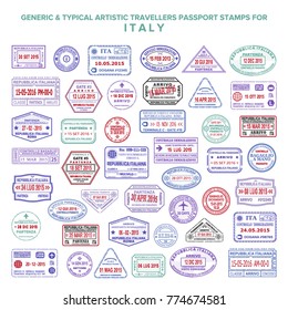 Custom vector typical artistic passport arrival and departure stamps variations set for Italy