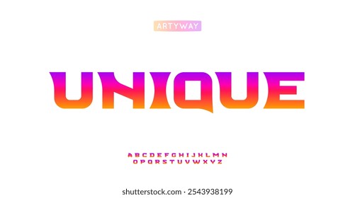 Alfabeto vibrante personalizado, letras con bordes llamativos, fuente colorida a medida para un logotipo con estilo, titular de moda, marca contemporánea, tipografía expresiva juvenil, identidad de marca única. Vector typeset.