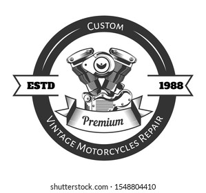 Custom vintage motorcycles repair services logo, emblem design. Motorcycle pistons, ribbon icons set in circle with text. Motorbikes premium maintenance graphic vector illustration, white background.