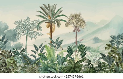 Custom wallpaper for walls 3d, banana coco tropical rain forest, Tropical Garden, Mural for hand paint.