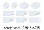 Custom White Label Paper Stickers. Peel-Off Tags and Icons. Office Stationery Set with Rectangle, Round, Square, and Curled Edge Badges. Vector Sticky Notes and Reminders