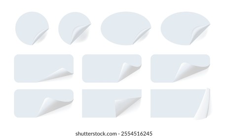 Custom White Label Paper Stickers. Peel-Off Tags and Icons. Office Stationery Set with Rectangle, Round, Square, and Curled Edge Badges. Vector Sticky Notes and Reminders