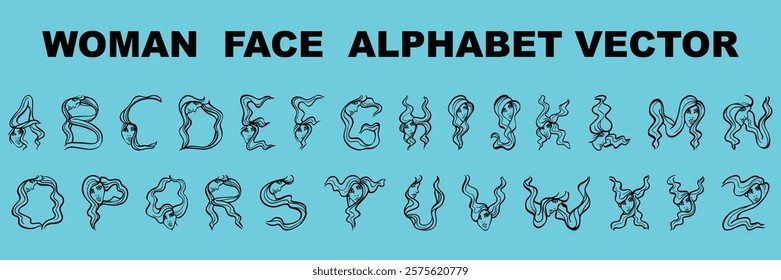 Custom woman face style lettering font alphabet set. Vector stock illustration can be used in logo or any purpose. Colors can be easily editable and saved in EPS 10