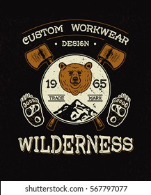 Custom work wear Wilderness. Painted badge with a bear head paw mountains axe. Vintage graphic illustration. Logo template, Emblem for printing on fashion apparel, insignia for kids, teen, sport team.