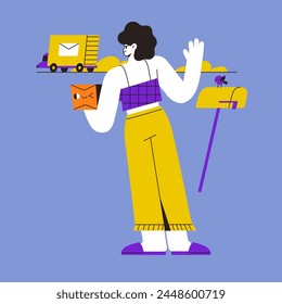 Customer accepts package. Happy consumer gets her order. Postal van delivers parcels. Online delivery service concept. Shipping boxes to client addresses. Flat isolated contour vector illustration