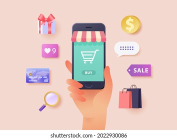 Customer access online shopping through smartphone app. Online shopping concept vector illustration with hand holding mobile phone.