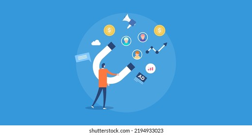 Customer Acquisition Concept, Businessman Using Digital Strategy For Customer Retention - Flat Design Vector Illustration With Icons