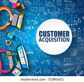 Concepto de adquisición de clientes con estilo de diseño Doodle: entrevista de personas, prueba de tiendas, selección clara. Ilustración de estilo moderno para banners web, folletos y volantes.