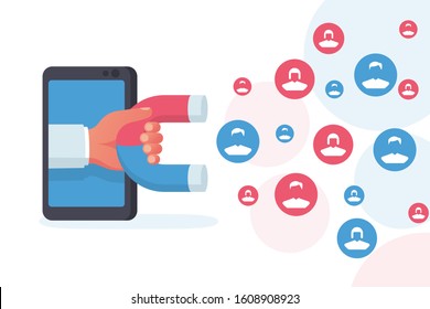 Customer acquisition concept. Hand with a magnet attracts new consumers. Followers and likes. Smartphone as a tool of social media. Vector illustration flat design. Isolated on white background.