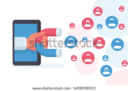 Customer acquisition concept. Hand with a magnet attracts new consumers. Followers and likes. Smartphone as a tool of social media. Vector illustration flat design. Isolated on white background.