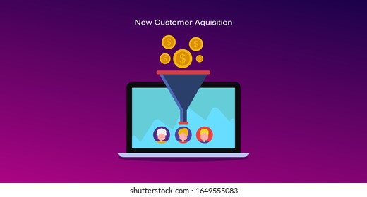 Customer Acquisition, Conversion Funnel, Digital Marketing Funnel - Vector Illustration With Icons And Texts