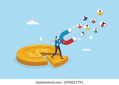 Customer acquisition cost, CAC, advertising cost for lead generation, marketing expense or spending on customer retention, optimize conversion rate concept, businessman with magnet on dollar cost.