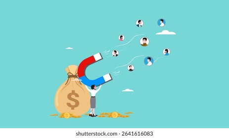 Customer acquisition cost or CAC, marketing expense on customer retention, advertising cost for lead generation, business woman uses magnets with dollar costs to attract customers