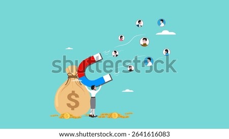 Customer acquisition cost or CAC, marketing expense on customer retention, advertising cost for lead generation, business woman uses magnets with dollar costs to attract customers