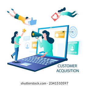 Customer acquisition flat cartoon vector illustration. Client attraction, referral inbound digital marketing and promotion strategy. Influencer with brand magnet inviting friends on laptop computer