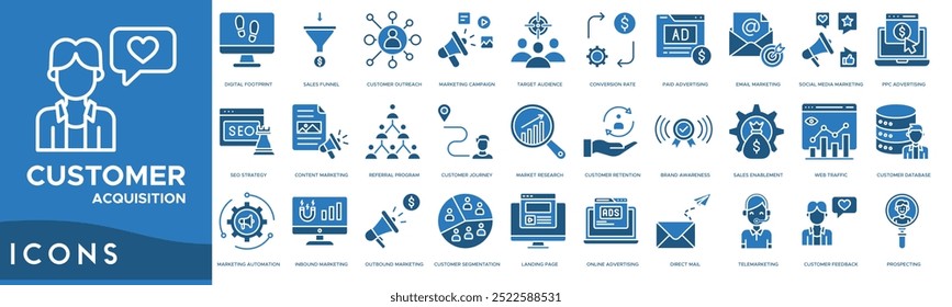 Customer acquisition icon. Digital Footprint, Sales Funnel, Customer Outreach, Marketing Campaign and Target Audience