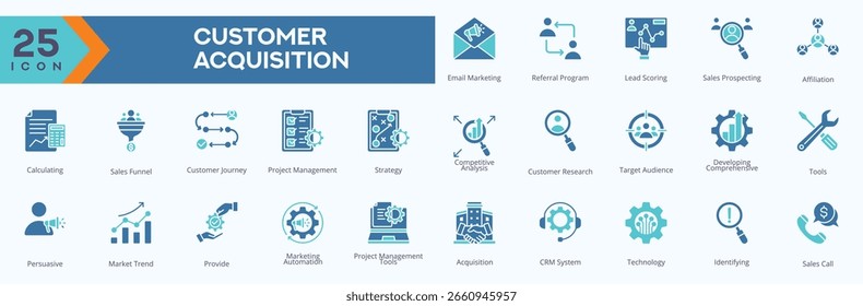 Iconos de la adquisición del cliente Imágenes vectoriales de la colección en el tono dual del estilo del glifo,
que contiene varios programas de email marketing, Recomendación, lead scoring, ventas,
También se puede utilizar para iconos de Web y aplicaciones.