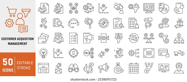 Customer acquisition management icon collection. Containing conversion, pipeline, lead generation, retention, sales funnel icon. Simple line vector.