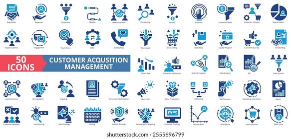 Customer acquisition management icon collection set. Containing retention, conversion, pipeline, lead generation, sales funnel icon. Simple flat vector.