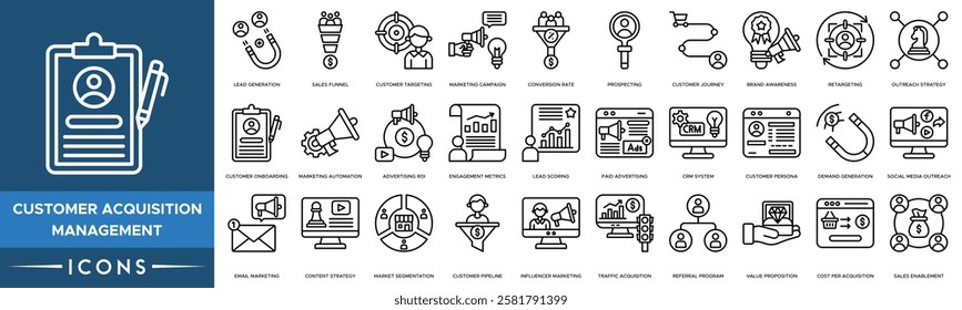 Customer acquisition management icon. Lead Generation, Sales Funnel, Customer Targeting, Marketing Campaign, Conversion Rate and Prospecting