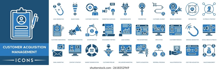 Customer acquisition management icon. Lead Generation, Sales Funnel, Customer Targeting, Marketing Campaign, Conversion Rate and Prospecting