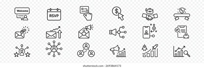 Customer acquisition outline icon set – welcome, RSVP, lead generation, digital marketing, conversion, referral, outreach, growth strategy symbols, Email engagement, invitation, announcement