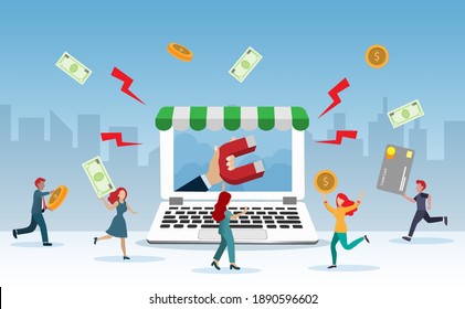 Customer acquisition, retention and attraction strategy. Hand holding magnet on computer screen  attract customer around to spend money on shopping. Vector.