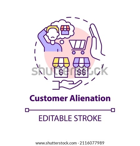 Customer alienation concept icon. Dynamic pricing drawback abstract idea thin line illustration. Brand failure. Isolated outline drawing. Editable stroke. Roboto-Medium, Myriad Pro-Bold fonts used