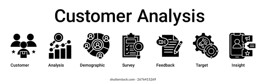 Kundenanalyse-Banner-Web-Symbol, Vektorgrafik-Konzept für Unternehmen mit Symbol des Kunden, Analyse, Demografie, Umfrage, Feedback, Ziel.
