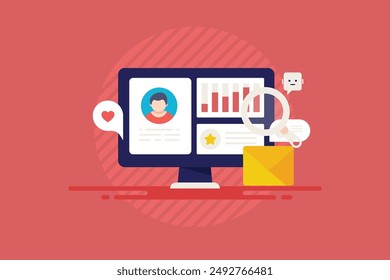 Customer analysis, Creating customer profile, Buyer persona creation, CRM software for customer communication - Vector illustration background with icons