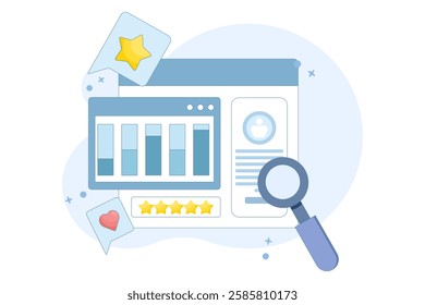 Customer analysis software concept, business intelligence, website report, customer data analysis, website traffic, data graph diagram, customer profile interface. flat vector illustration.