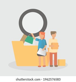 customer analysis target and customer buying behavior,magnifying glass,survey purchase and product,marketing concept strategy,Vector illustration.