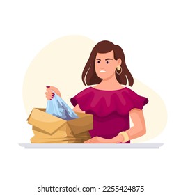 Customer angry due to parcel box damage of order in online store vector illustration. Cartoon isolated frustrated upset woman pulling damaged dirty clothes out of crumpled open box, person in anger