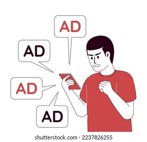 Customer annoyed by online ads flat concept vector illustration. Editable 2D cartoon character on white for web design. Spam creative idea for website, mobile, presentation. Quicksand font used