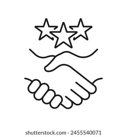 Customer Appreciation Line Icon. Handshake With Stars Linear Pictogram. Client Review Symbol. Business Communication And Support. Best Partnership Sign. Editable Stroke. Isolated Vector Illustration.